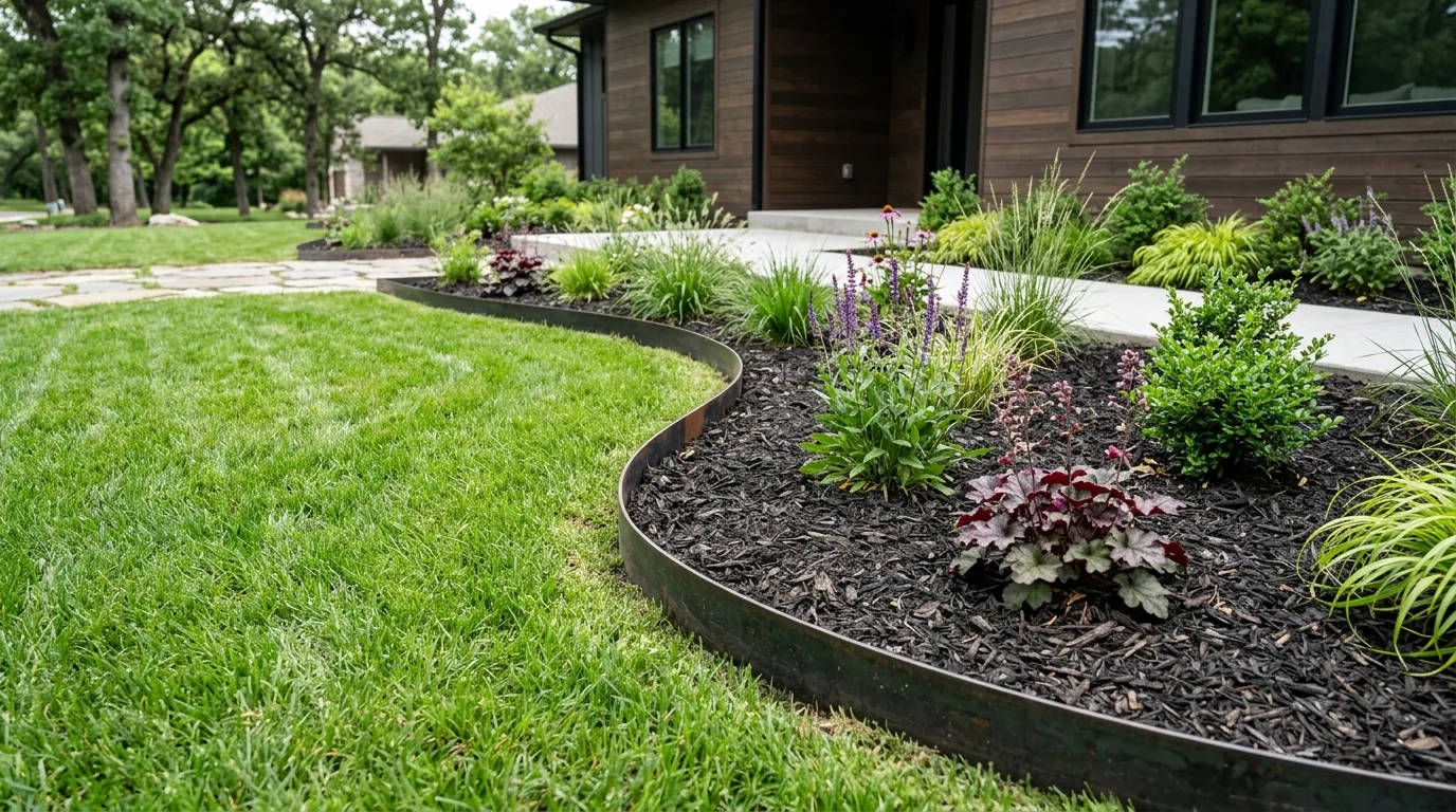Sleek dark steel landscape edging creating a clean curved border between dark mulch and lawn