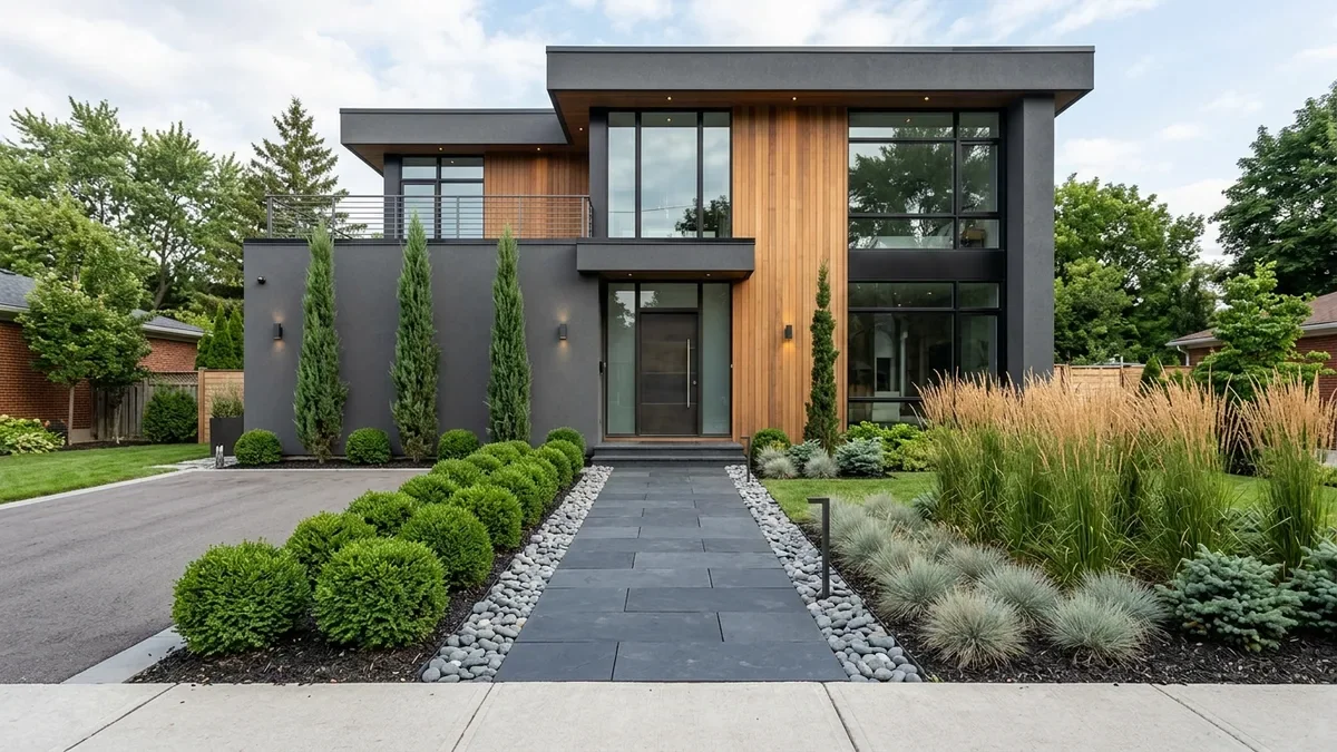 Comprehensive master-planned mixed privacy landscape combining small trees, evergreen conifers, flowering shrubs, and ornamental grasses