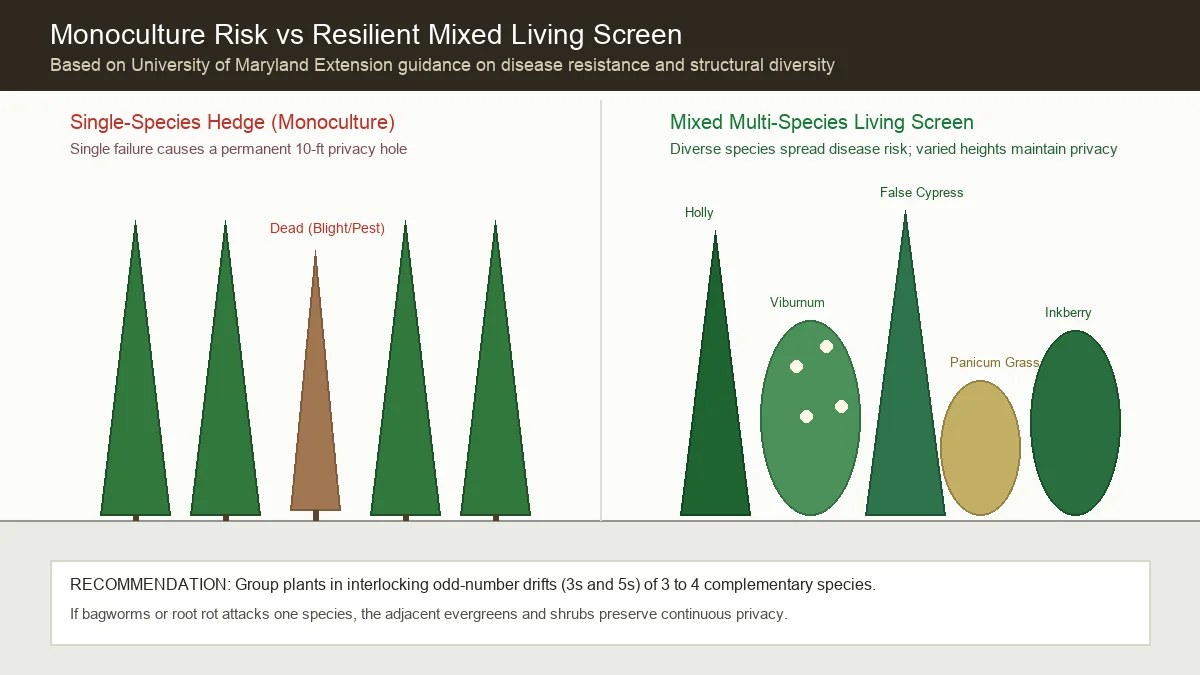 Comparison showing single-species hedge with a dead tree leaving a gaping hole versus a resilient mixed-species living screen