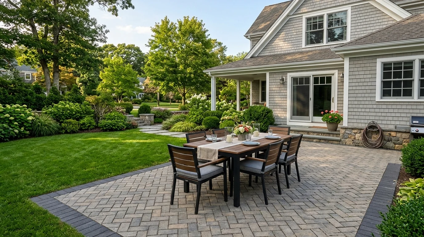 Contemporary rectilinear backyard fire pit table with lava rock over clean architectural paver patio and modern low-profile sectional