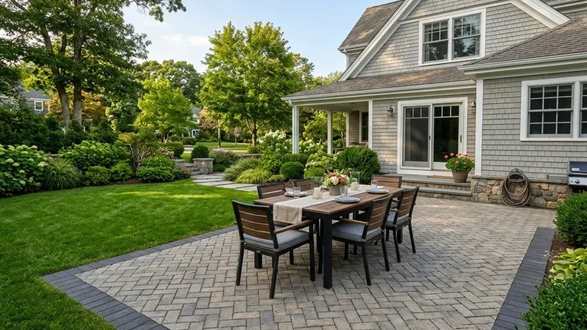 Modern minimalist walkway featuring rectangular concrete pavers bordered by rhythmic ornamental grasses and clean dark stone mulch
