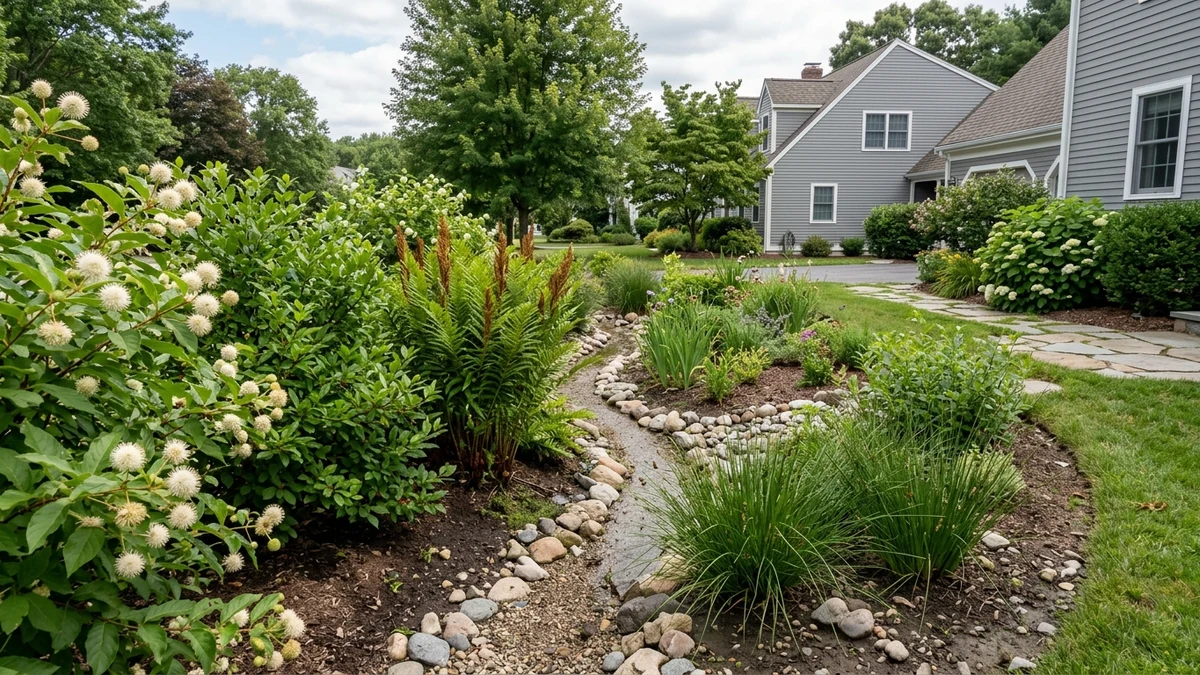 Moist-soil rain garden with flowering swamp milkweed, cardinal flower, and moisture-loving native sedges