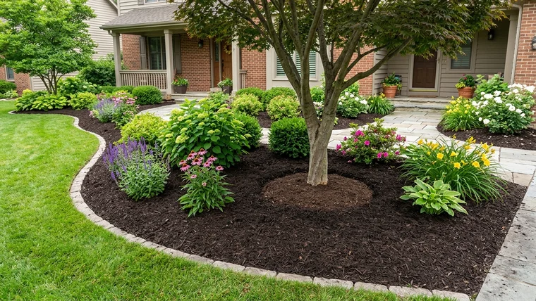 Fresh dark brown organic mulch applied smoothly across front yard landscape beds, keeping root flares clear and bare