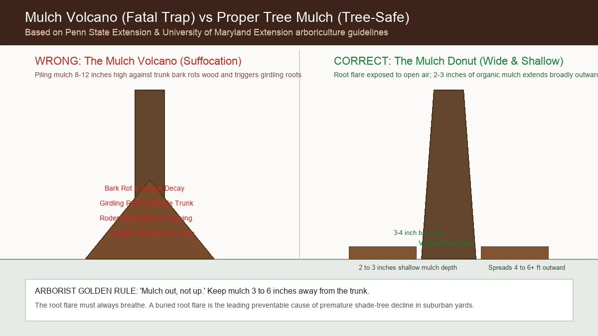 Educational comparison diagram of hazardous mulch volcano piled against bark versus proper wide flat mulch ring with bare trunk collar