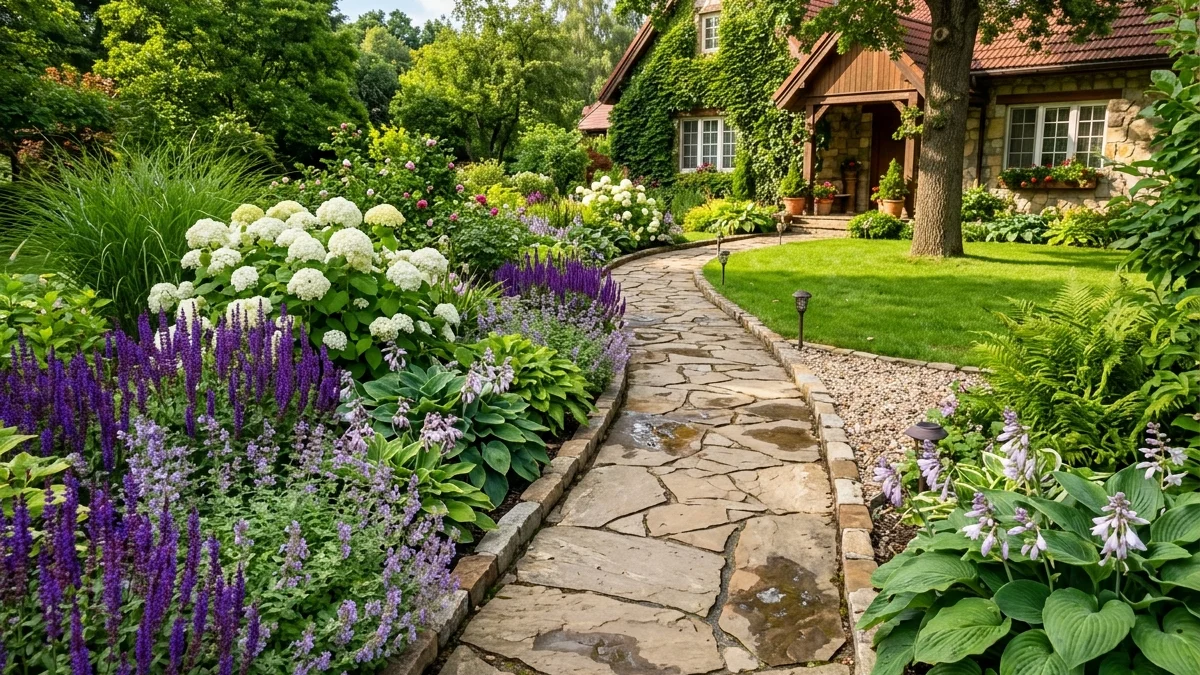 High-curb-appeal residential front yard native garden border with clean flagstone walkway and repeating ornamental grasses