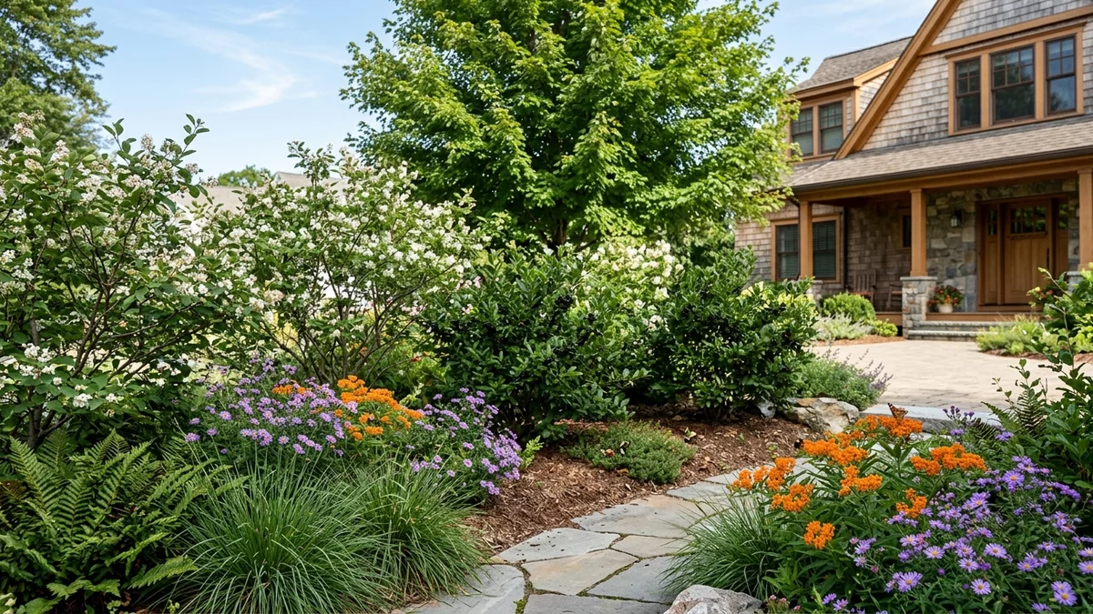 Intentional layered residential native plant landscaping featuring flowering perennials, structural shrubs, and defined mown edges