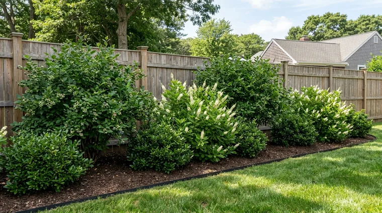 Massachusetts residential shrub border featuring highbush blueberry, inkberry holly, and flowering summersweet