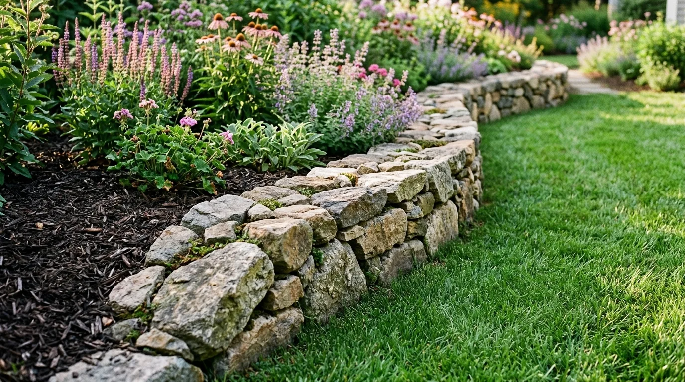 Stacked natural fieldstone border along a curved perennial garden bed with dark mulch and turf grass