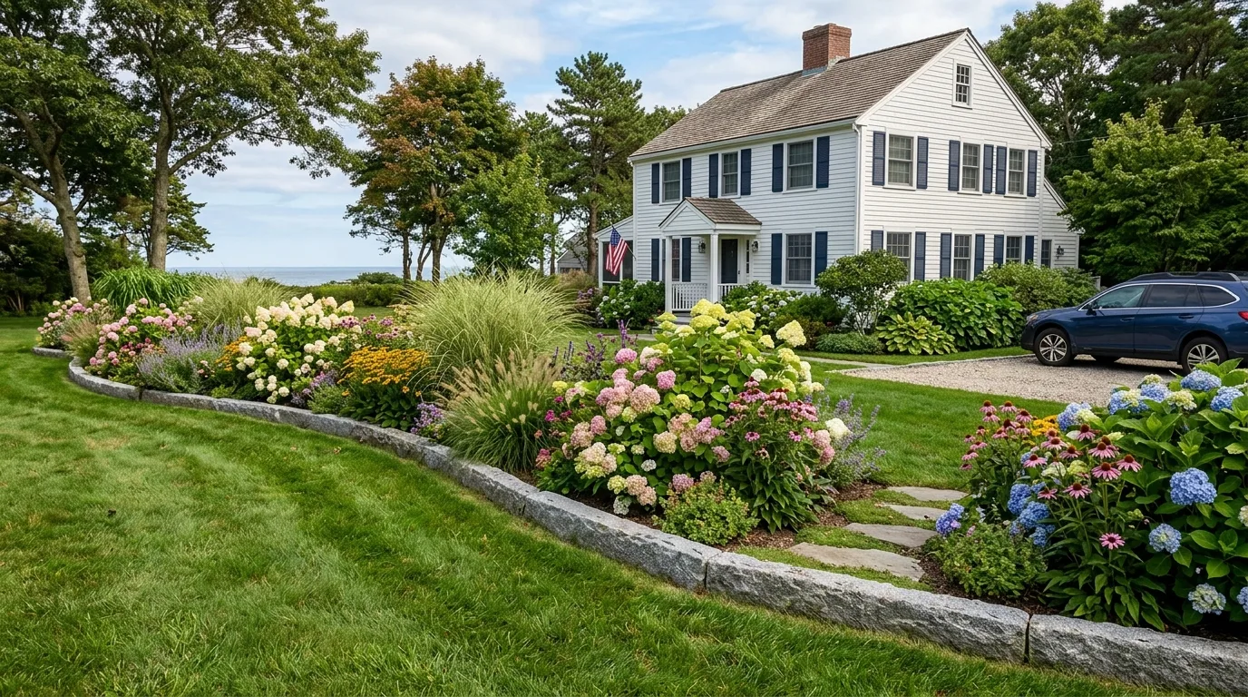 North Shore Massachusetts residential garden bed framed with durable split granite curb edging beside a lush lawn