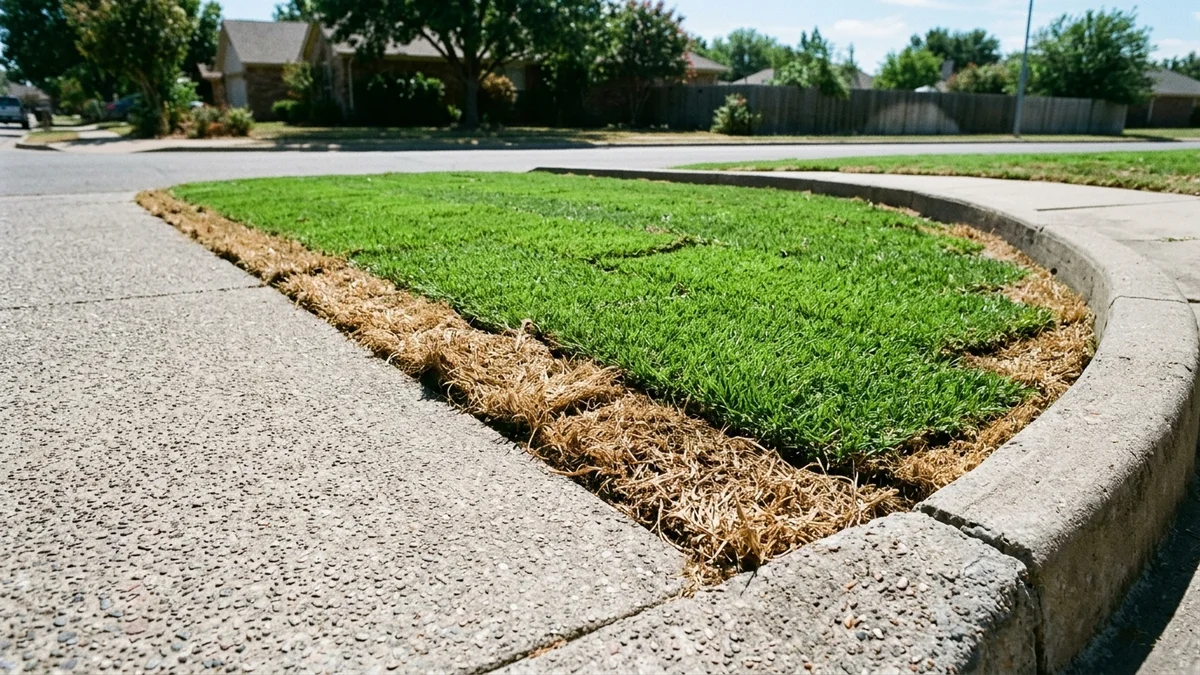Curled dry sod edges along a concrete driveway caused by radiant heat and rapid evaporation
