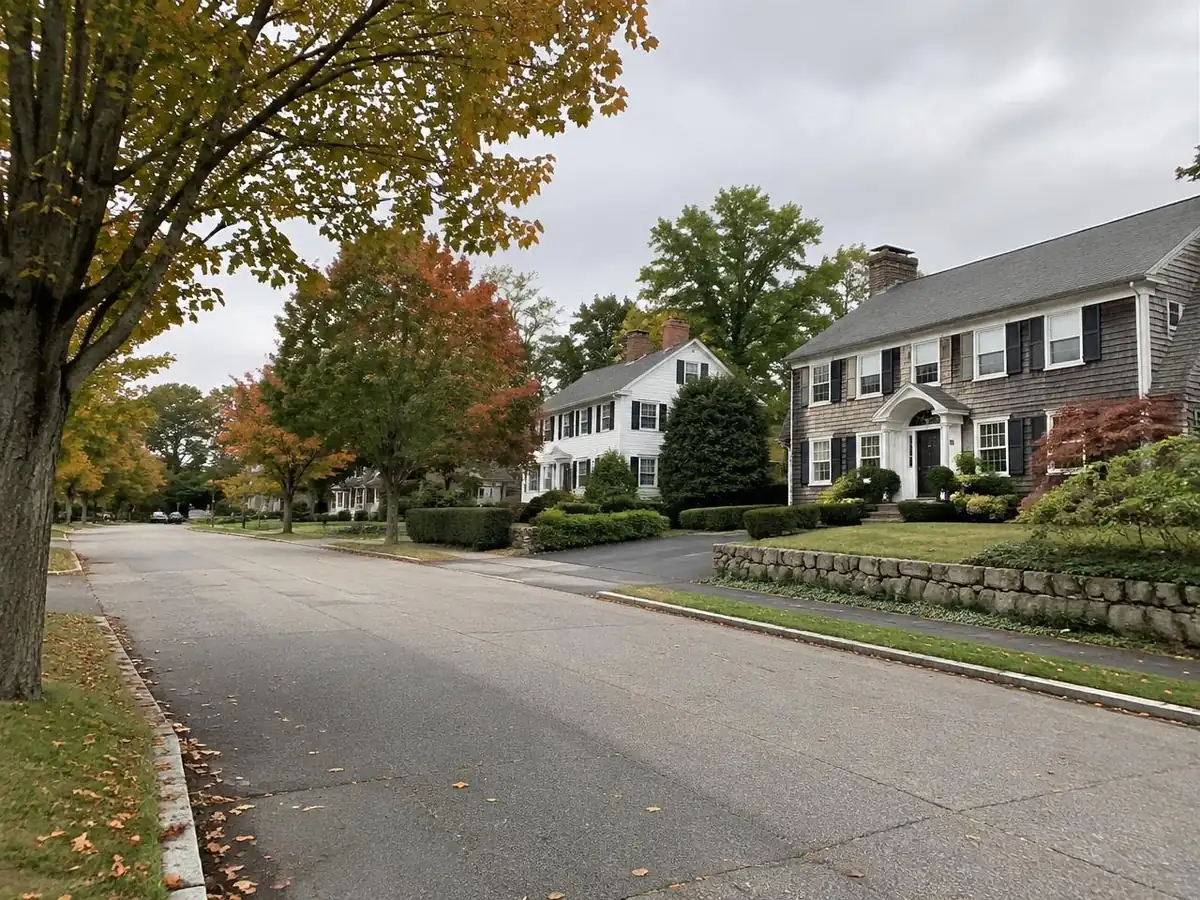 Established North Shore residential street with clapboard homes, granite curbing and stone wall property edges