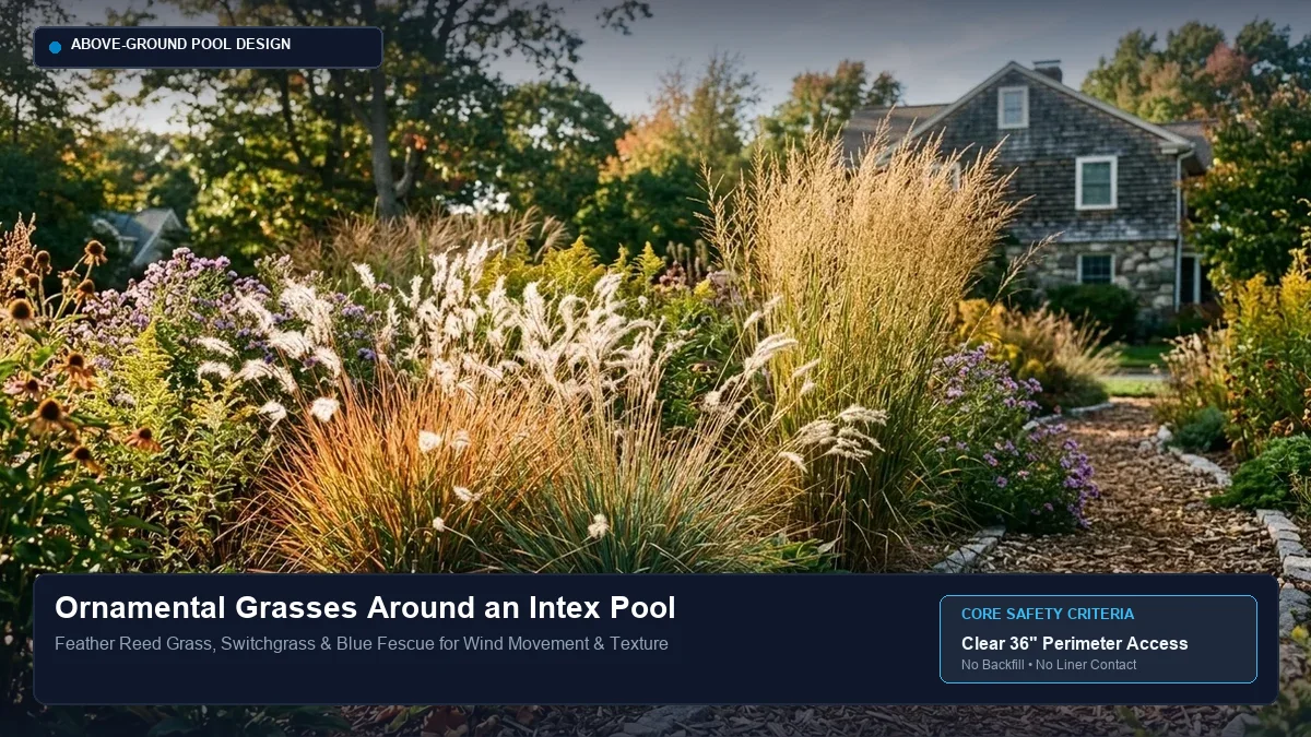 Feather reed grass and switchgrass planted in an offset landscape bed behind an Intex frame pool providing privacy and texture.