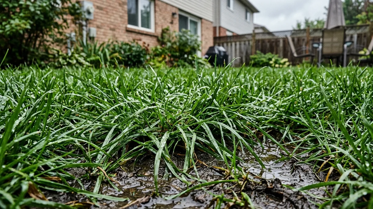 Overwatered lawn showing soggy saturated soil and puddling that restricts root oxygen