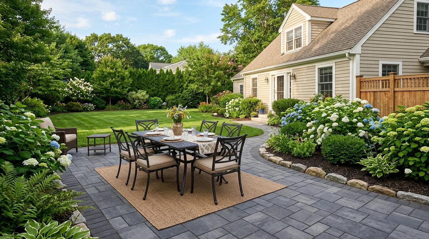 Interlocking concrete paver patio with circular fire pit centerpiece, soldier course edge, and deep club chairs