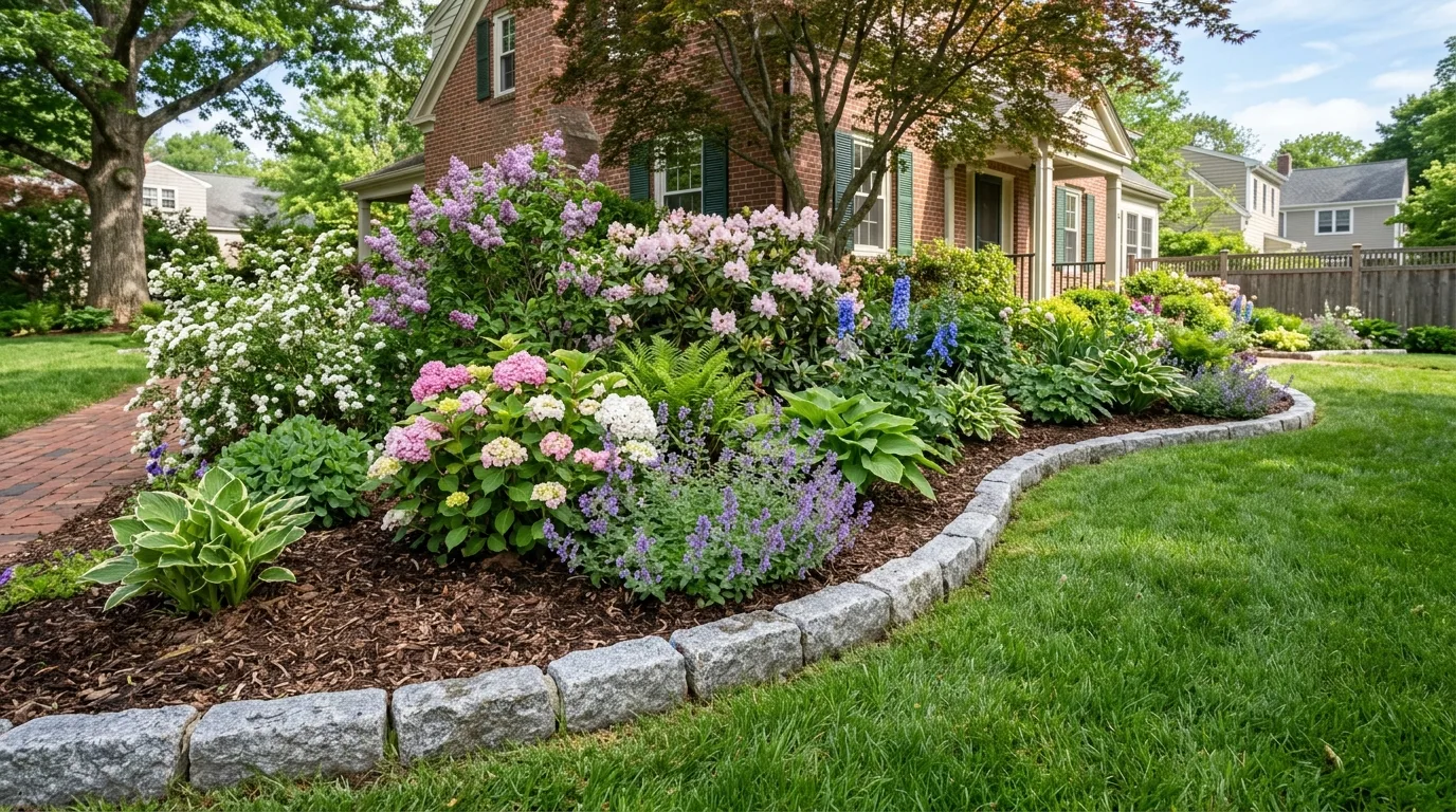Grey granite Belgian block cobblestones installed as a durable flower bed border along a lush lawn
