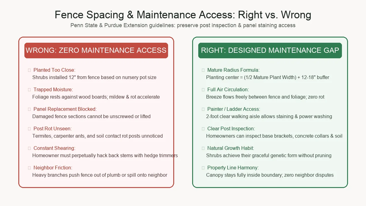 Diagram contrasting bad overcrowded fence planting with correct spacing that preserves a maintenance access walking aisle