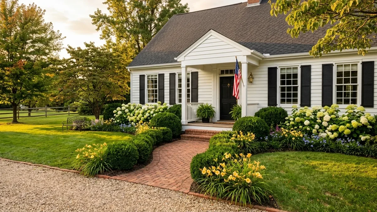 Wood privacy fence softened with layered evergreen shrubs, espalier branches, and flowering perennials