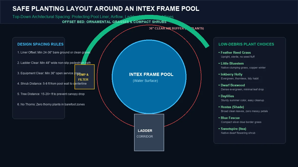 Top-down architectural spacing diagram showing safe planting layout around an Intex frame pool, detailing setback buffers and low-debris plant selections.