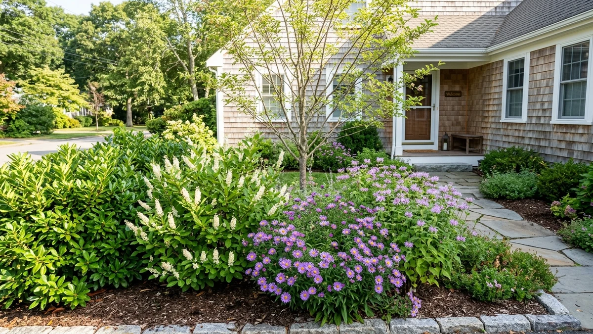 Curated flower bed showing a seamless succession of spring, summer, and autumn flowering perennials