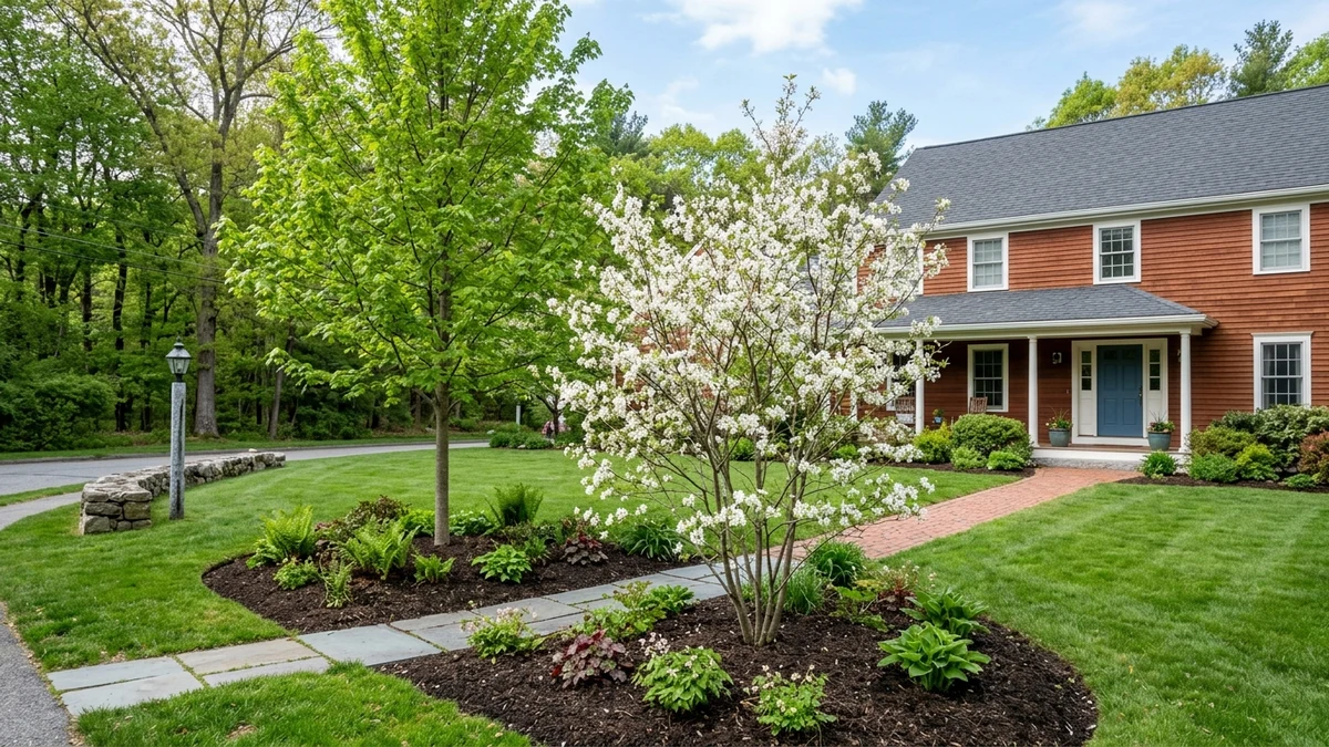 Multi-tiered residential garden combining flowering native understory trees, dense shrubs, and low flowering border perennials