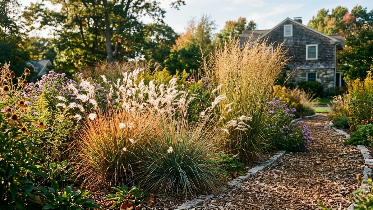 Natural garden habitat elements showing undisturbed soil patch, native grasses, standing stems, and clean gravel
