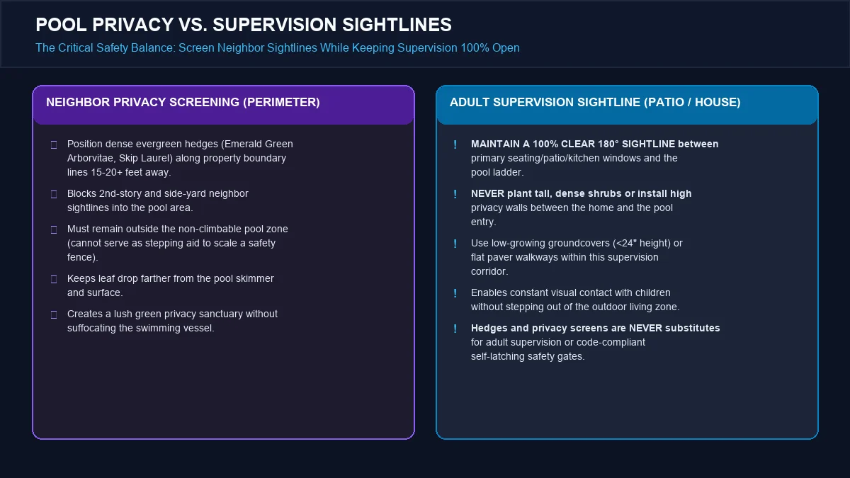 Educational diagram illustrating the privacy versus supervision principle: neighbor views screened at perimeter while adult supervision views remain 100% open from patio.