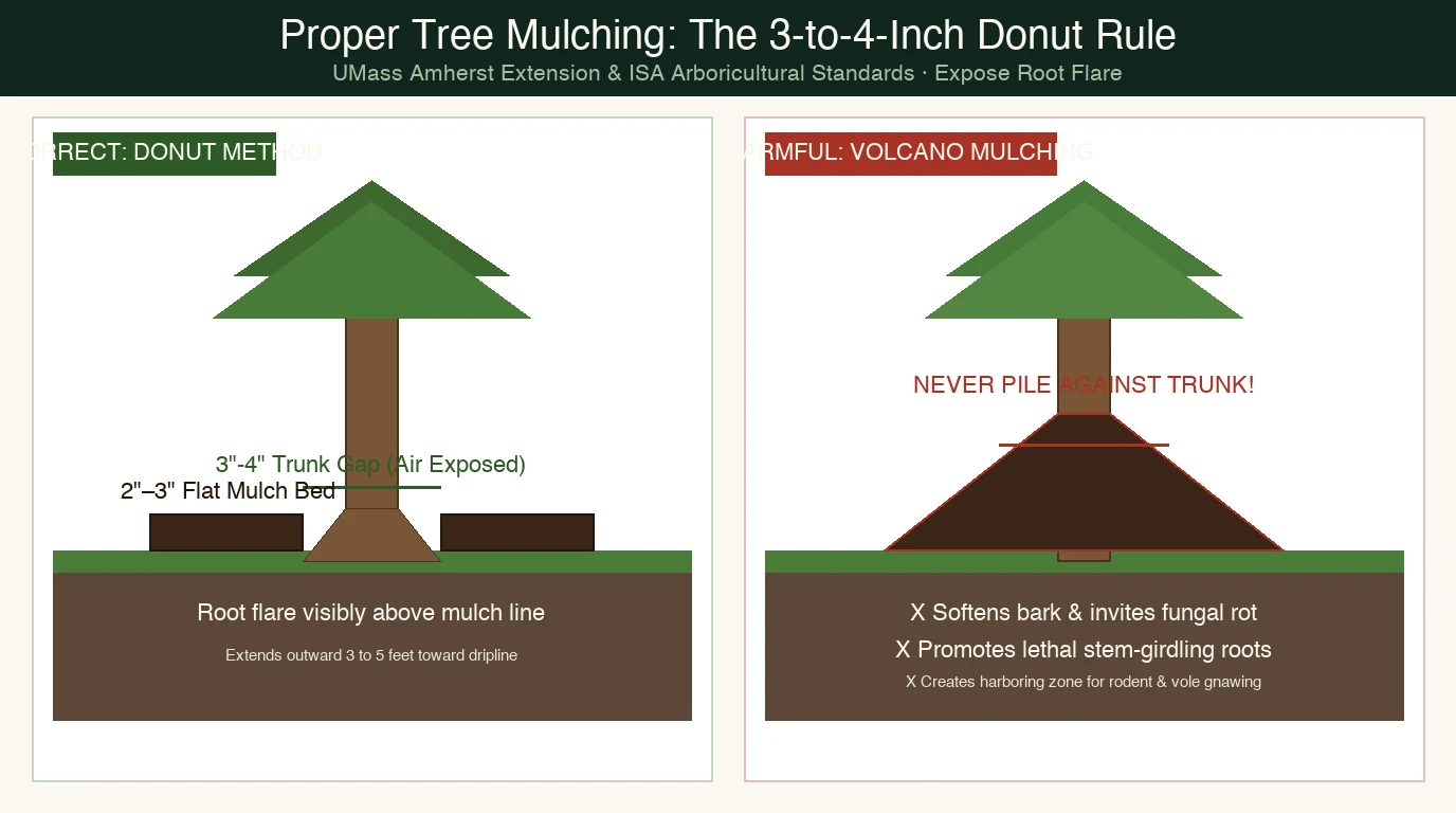 Educational diagram contrasting proper 3-inch donut tree mulching with root flare exposed versus harmful volcano mulching