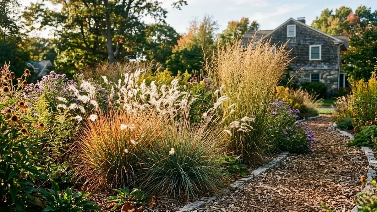 Textured rain garden dominated by undulating native sedges and ornamental feather reed grasses swaying in breeze