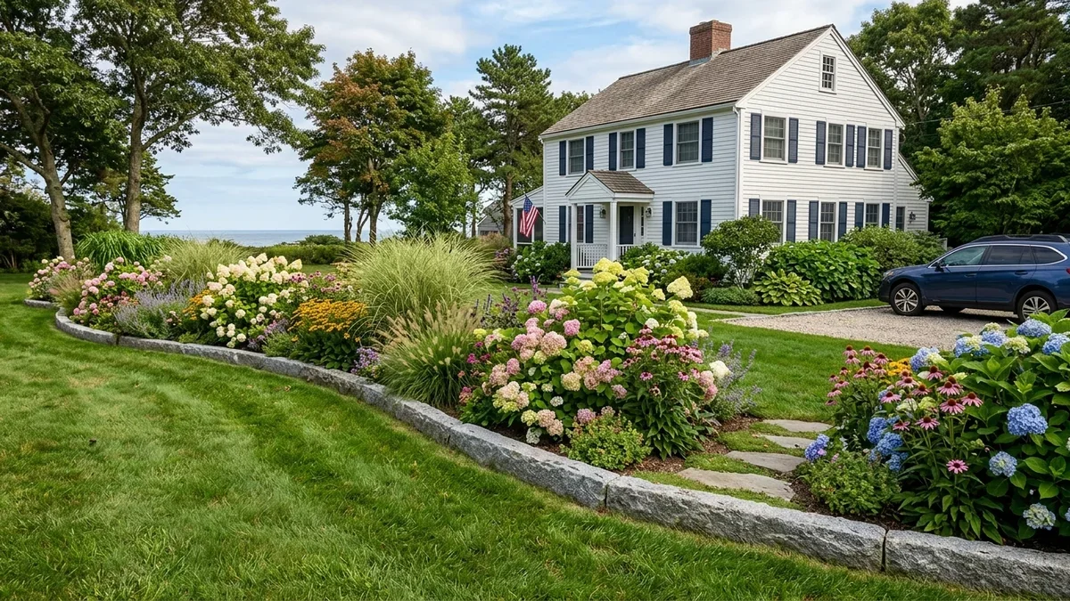 Rain garden accented with natural granite boulders and smooth river rocks buffering native grasses and flowering perennials