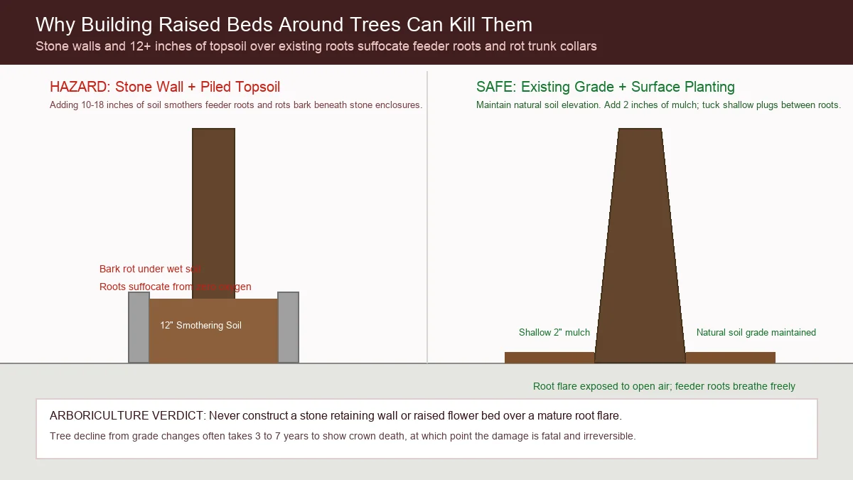 Educational diagram warning against building raised retaining walls or planter boxes over existing tree roots