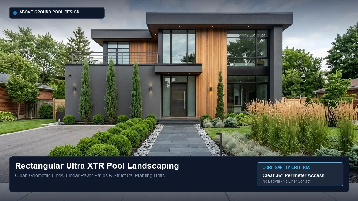 Rectangular Intex Ultra XTR pool landscaped with clean linear paver walkways, outrigger leg accommodation, and structural ornamental grasses.