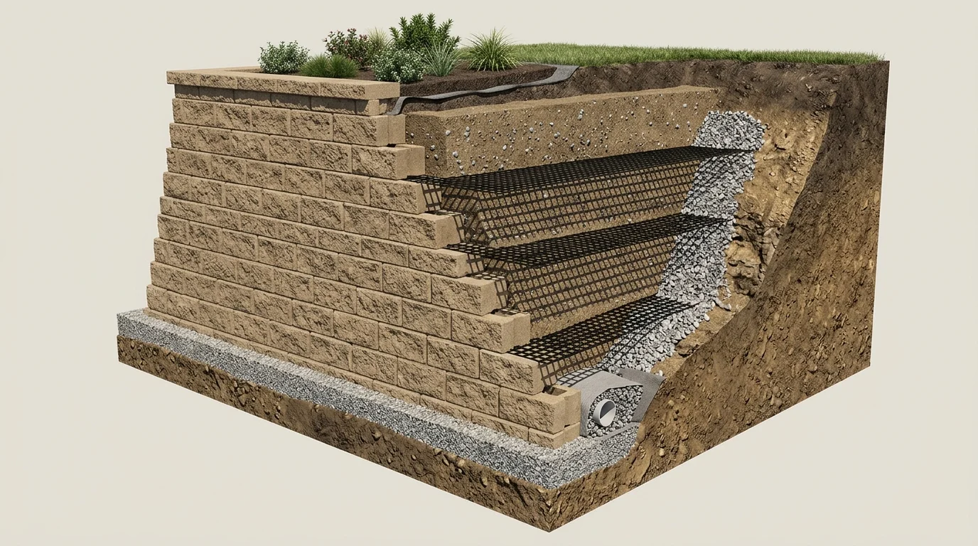 3D diagram showing geogrid reinforcement mesh layers extending backward from segmental blocks into compacted infill soil