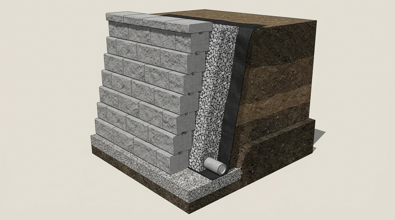 Detailed 3D architectural cross-section cutaway showing the 10 structural layers of a segmental retaining wall