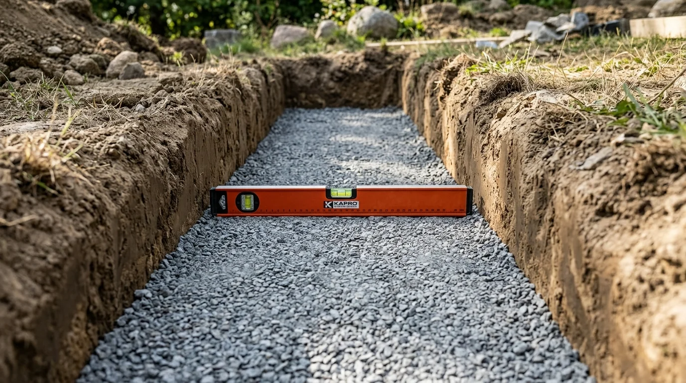 Compacted crushed stone leveling pad inside an excavated trench checked with a torpedo level