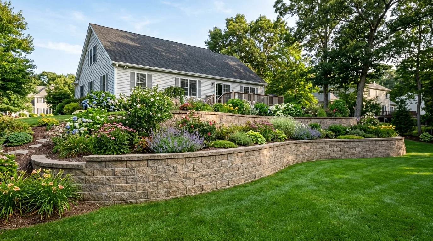 Segmental concrete block retaining wall supporting a landscaped residential slope in New England