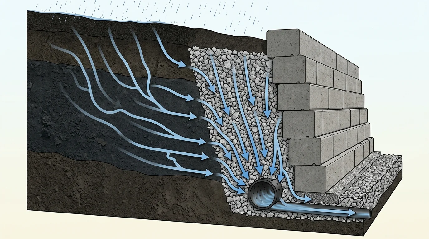 Technical illustration showing rainwater flowing through a clean crushed gravel column to a perforated pipe behind a retaining wall