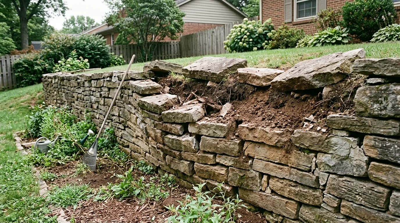 Failing residential retaining wall showing severe outward bulge, forward leaning, displaced stones, and eroded backfill
