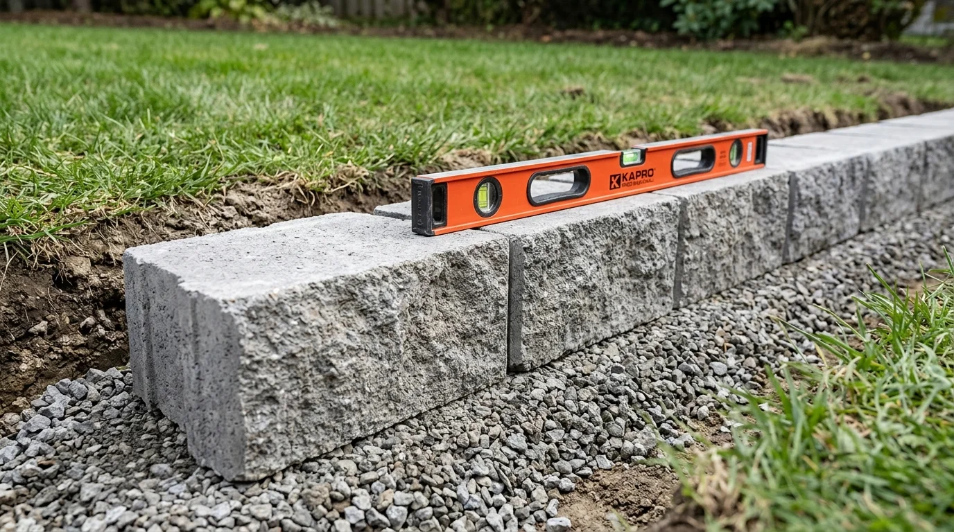 First course of split-face segmental concrete retaining blocks aligned and leveled on a crushed aggregate base