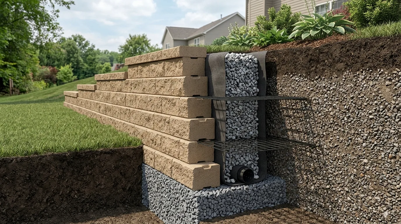 3D cutaway illustration showing hidden retaining wall cost components: compacted gravel leveling pad, buried starter blocks, drainage gravel column wrapped in filter fabric, perforated drain pipe, and horizontal geogrid reinforcement