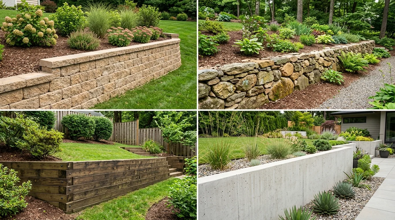 Four-quadrant comparison of retaining wall materials: modular segmental block, natural New England fieldstone, pressure-treated timber, and architectural poured concrete