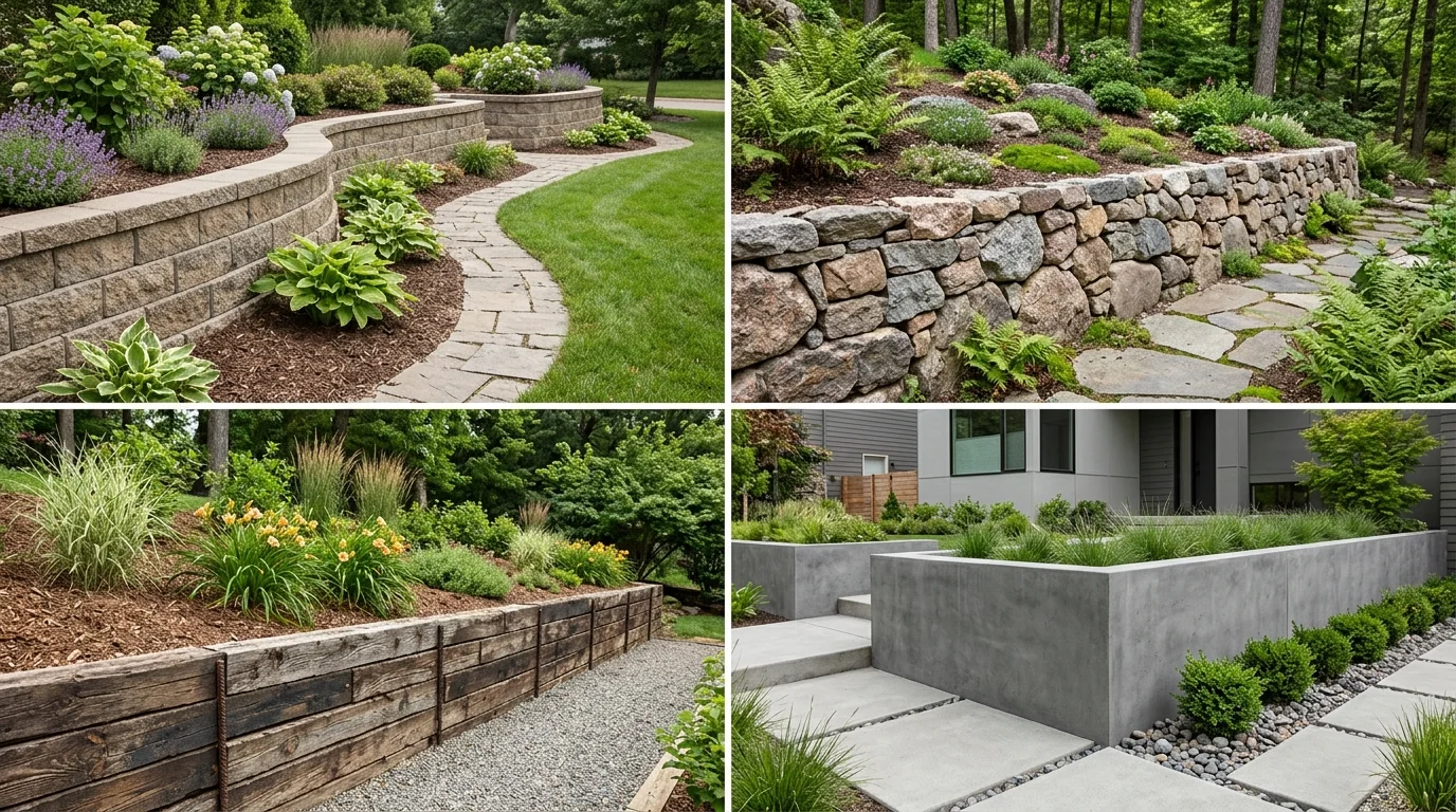 Comparison of four residential retaining wall materials: segmental block, natural granite fieldstone, timber ties, and poured concrete