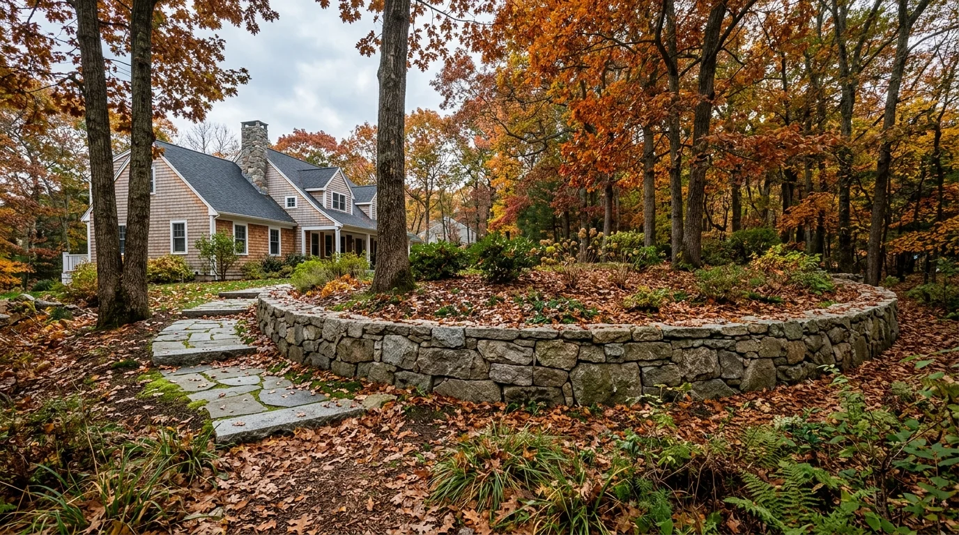 New England granite fieldstone retaining wall stabilizing a wooded sloped residential property during late autumn