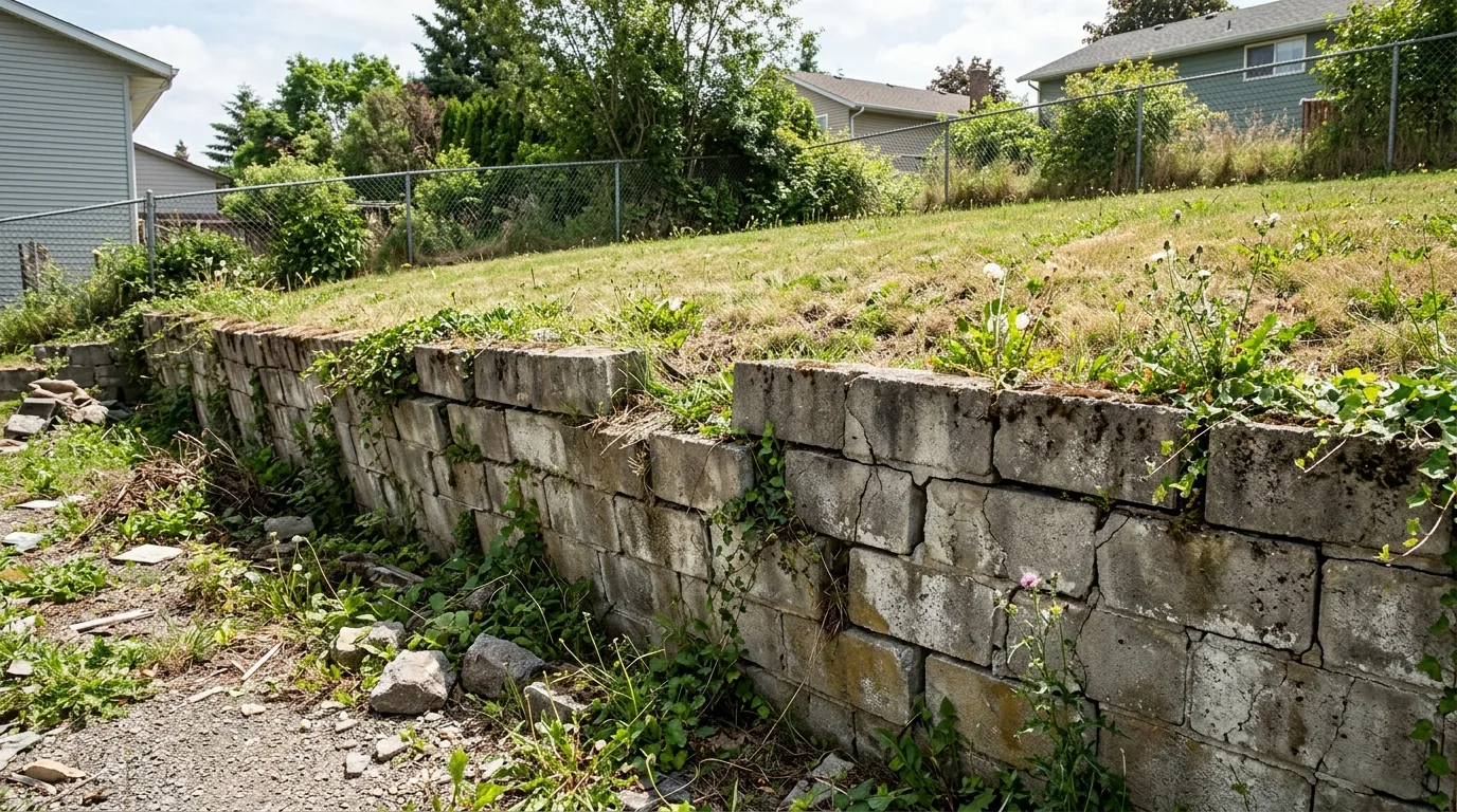 Failing weathered residential retaining wall with forward lean, displaced joints, and weed growth being evaluated for complete replacement