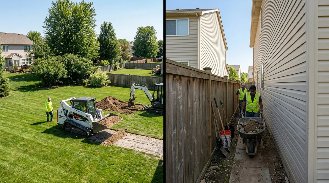 Side-by-side comparison of jobsite access: open backyard with mini-excavator access on the left versus narrow 4-foot residential side yard requiring wheelbarrows on the right