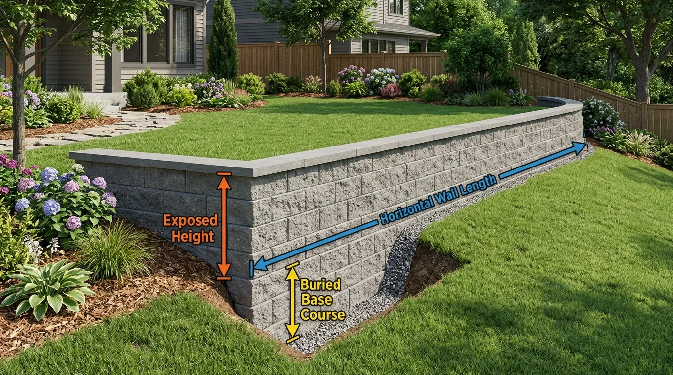 Educational diagram illustrating retaining wall face dimensions: horizontal length, exposed height, and buried foundation starter course