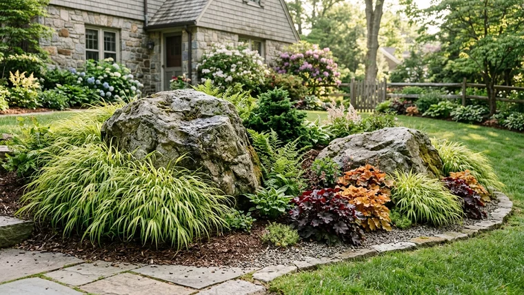 Two natural granite glacial boulders embedded into a front yard bed surrounded by Japanese forest grass and heuchera