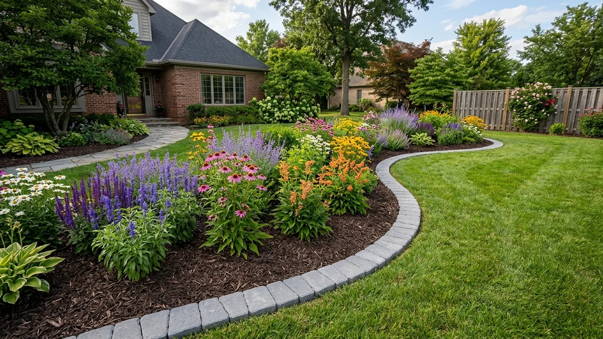 Curved residential landscape bed demonstrating zoned combination of dark organic mulch for shrubs and stone border edging
