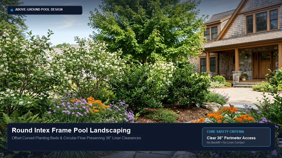 Round Intex above-ground pool landscaped with an offset curved planting bed, washed pea gravel splash ring, and lawn transition.