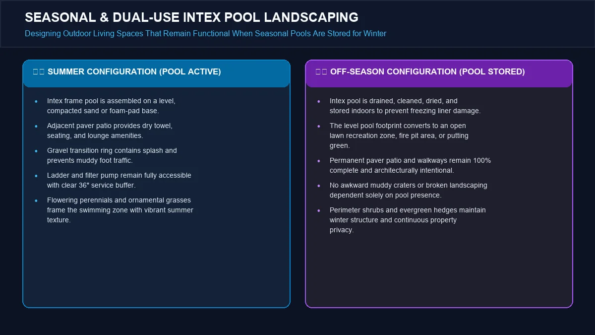 Dual-use backyard landscaping comparison diagram showing how the patio, walkways, and garden beds remain complete when an Intex pool is disassembled for winter.
