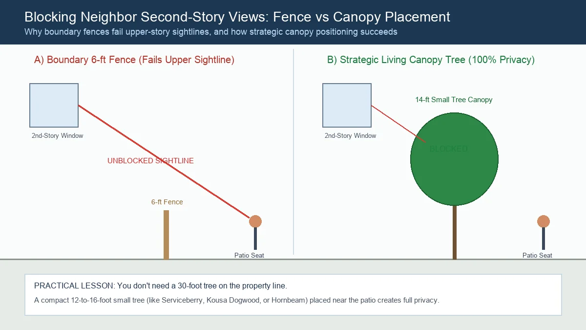 Diagram illustrating why boundary fences fail to block second-story windows and how small canopy trees placed near seating succeed